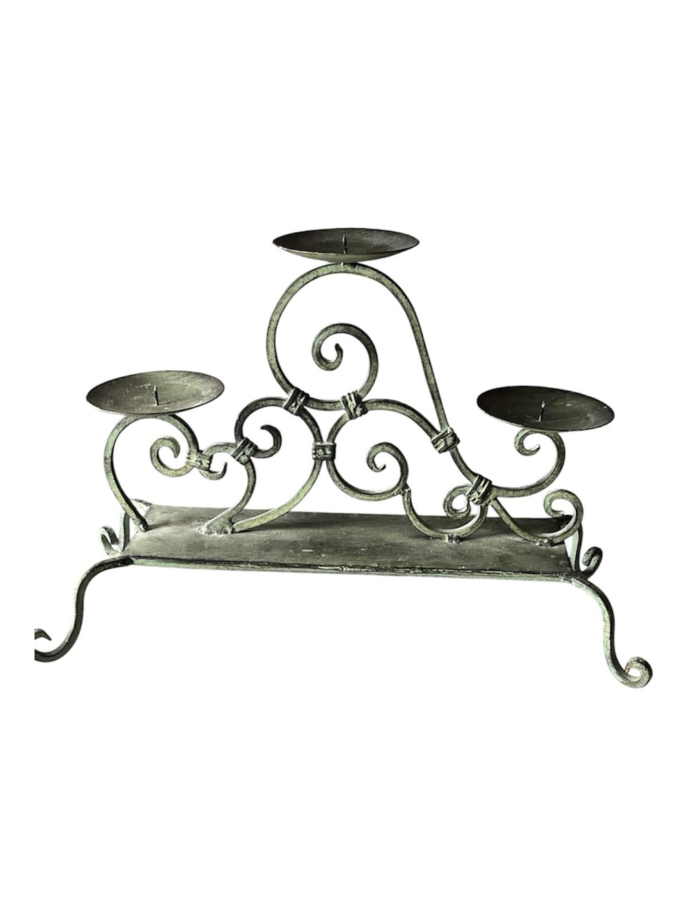 Ornate Three Pillar Wrought Iron Candle Holder Green Distressed Scrolling